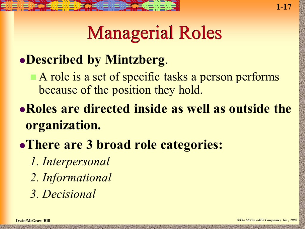 Managerial Roles Described by Mintzberg. A role is a set of specific tasks a